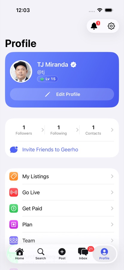 Open Profile, then Go Live